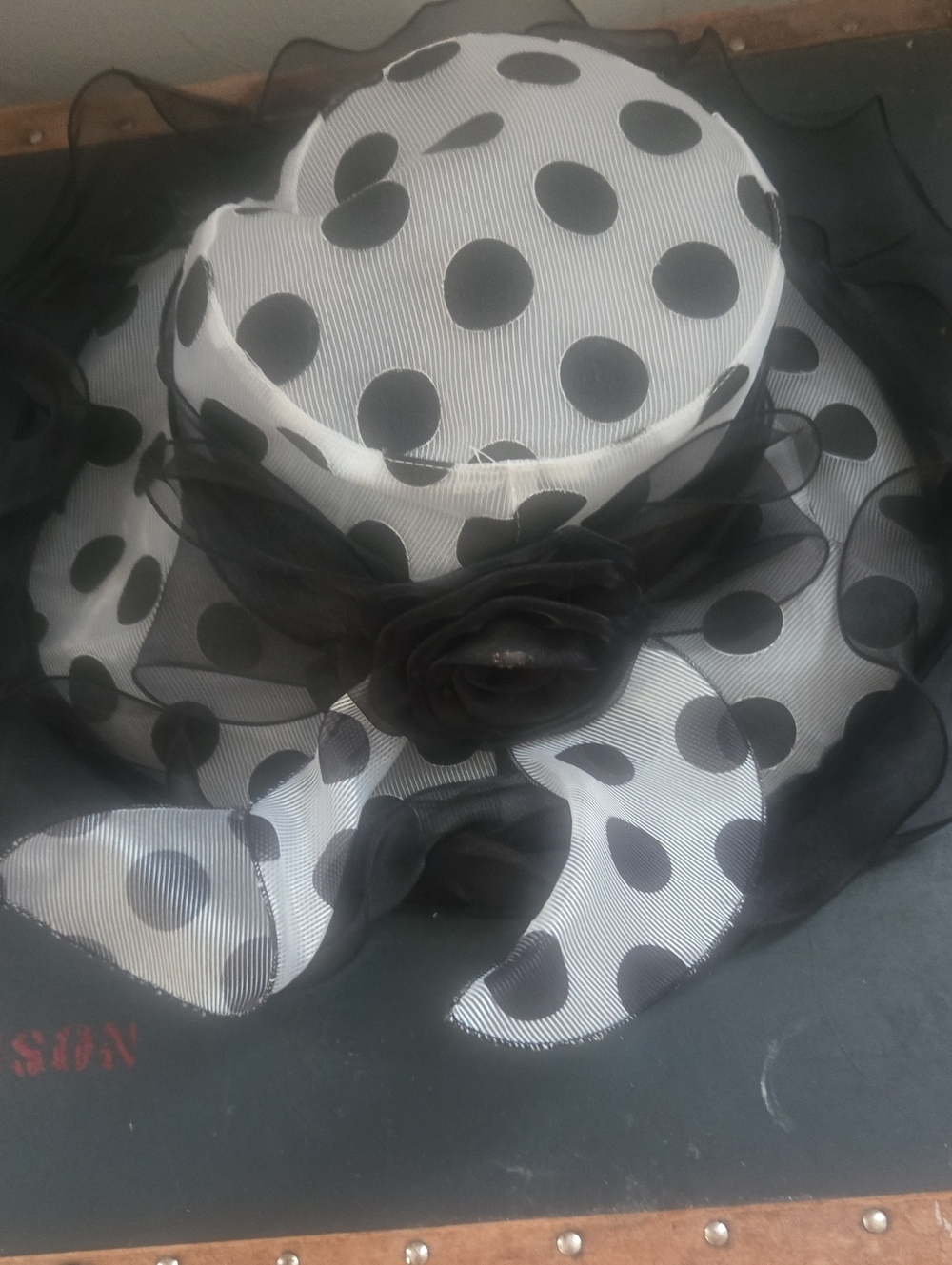 Elegant Black and White Polka Dot Wide Brim Hat
